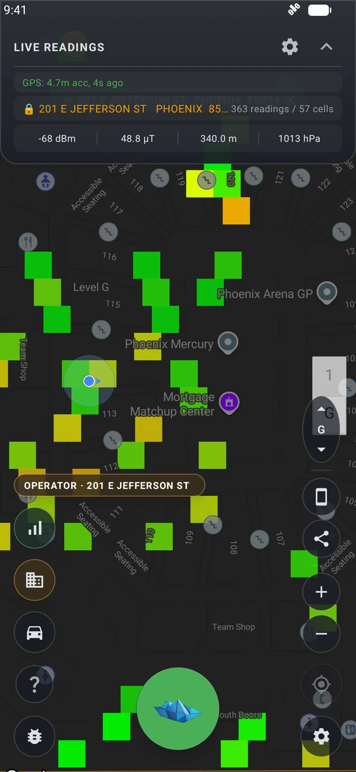 Cell Surveys Android app showing live readings over a coverage heatmap