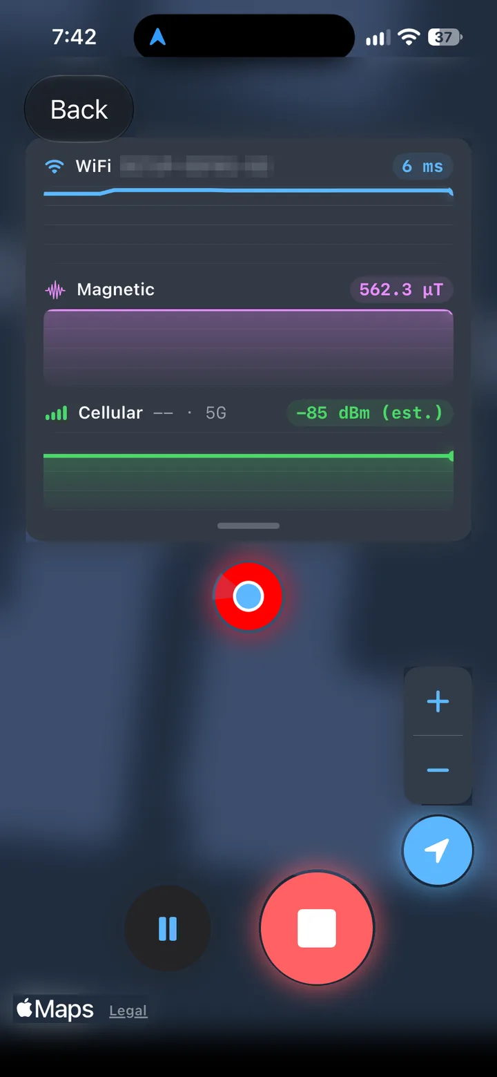 Cell Surveys iPhone app recording a live WiFi, magnetic, and cellular survey